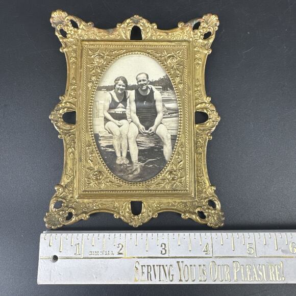 Vintage Antique Small Ornate Brass Framed Portrait Embossed Flower Design - Picture 9 of 12